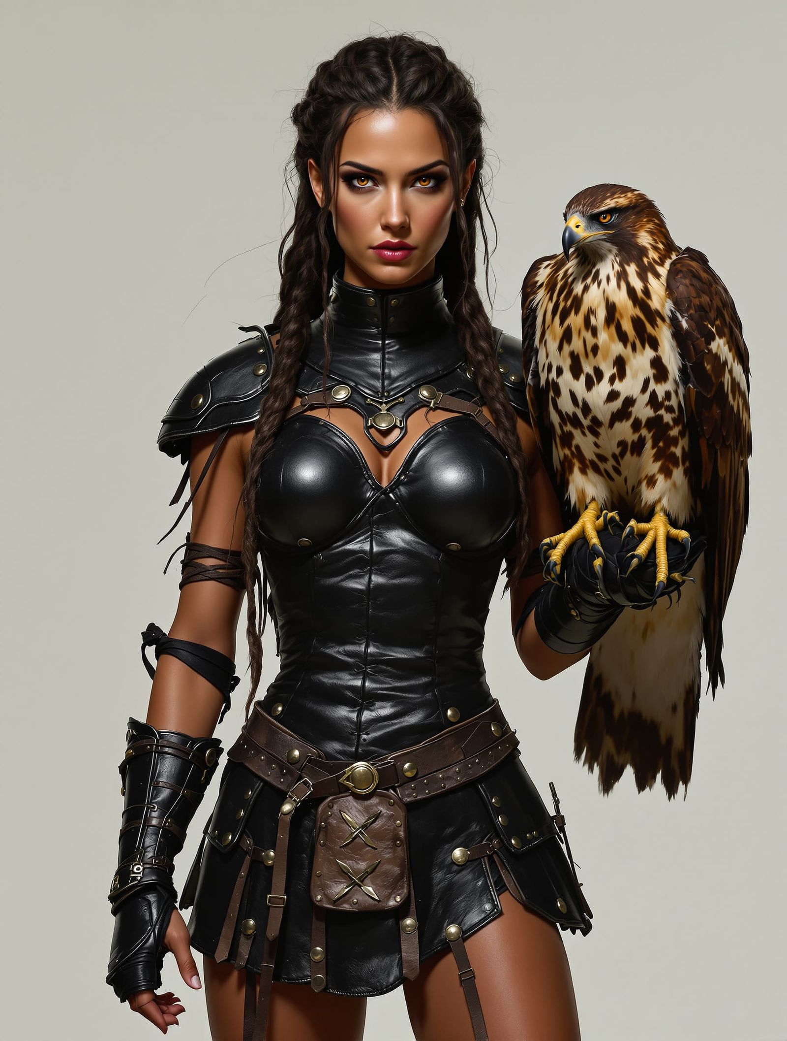 Warrior Woman with Hawk in Leather Armor