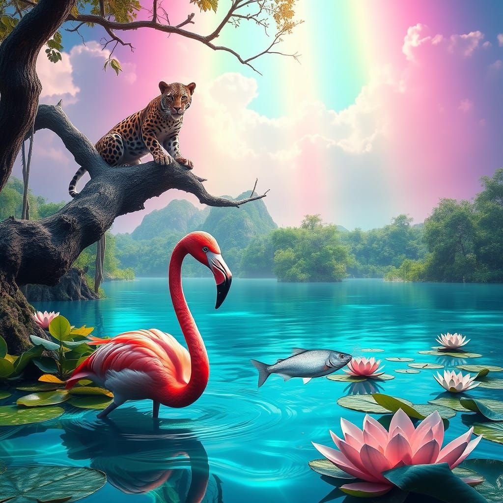 Vibrant Flamingo Surrounded by Jungle and Jaguar in a Fantas...