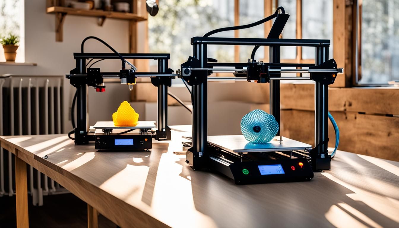 Two 3D Printers on a Wooden Table
