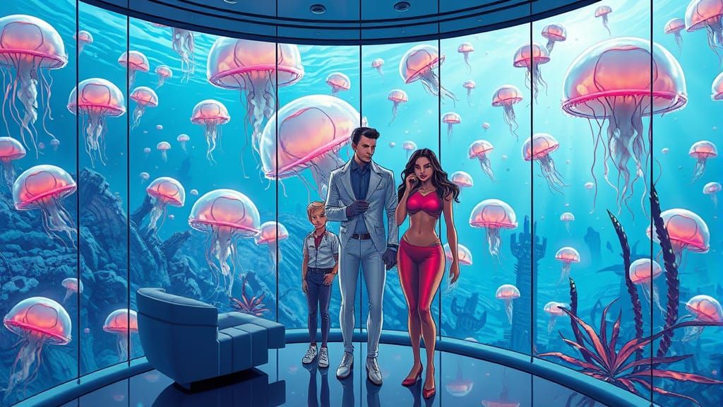 Futuristic Family in Glass Apartment with Jellyfish