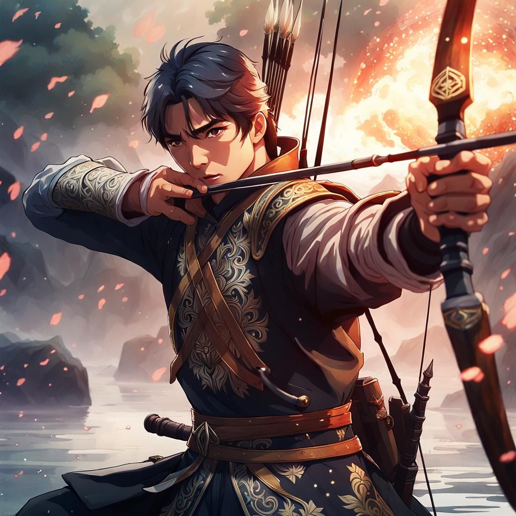 Manchurian Archer Aims Fire Arrow in Dreamy Watercolor
