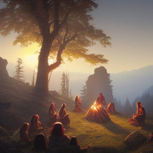 Dwarves, Elves, and Druid Campfire at Sunset