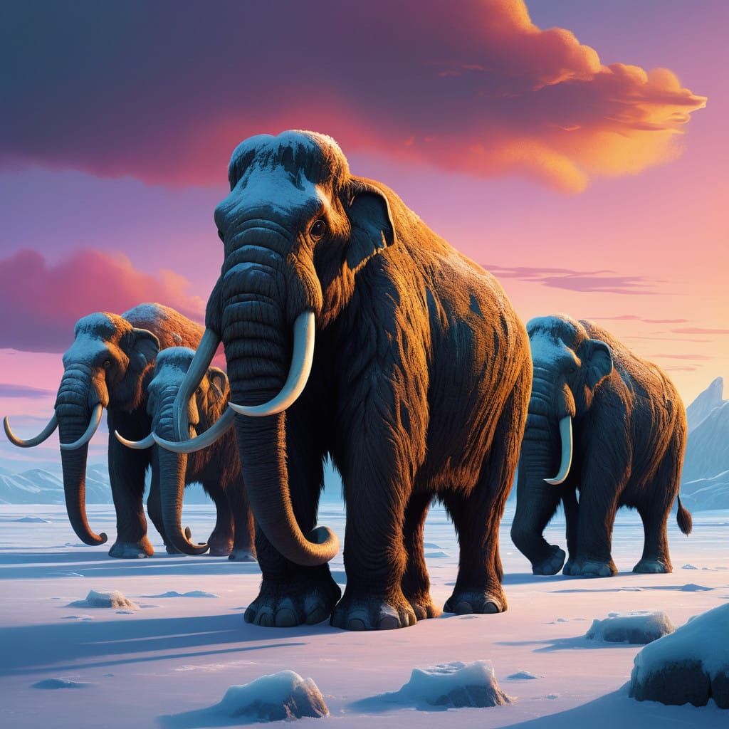 Mammoth Herd on a Frozen Tundra in a Golden Light