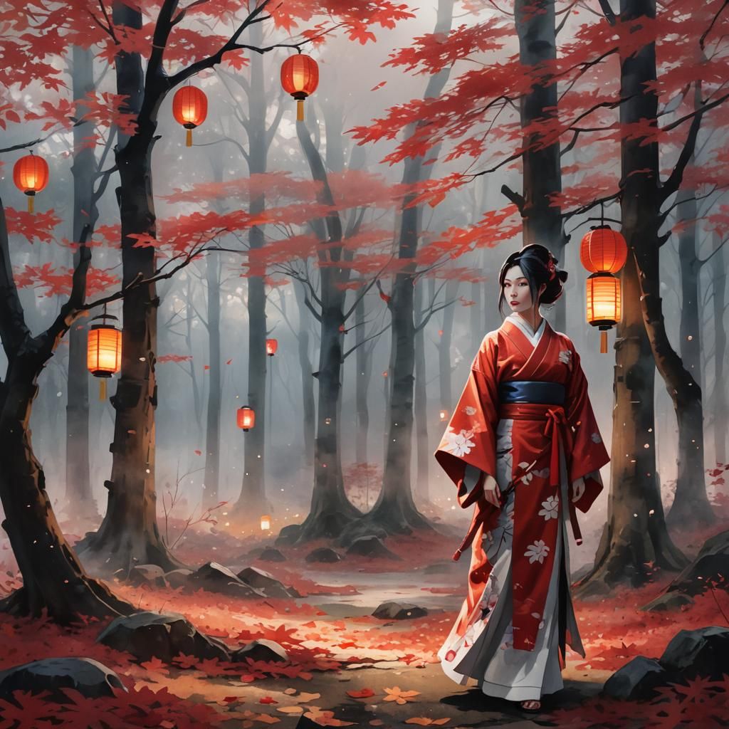 Japanese Woman in Kimono Armour Amidst Crimson Momiji