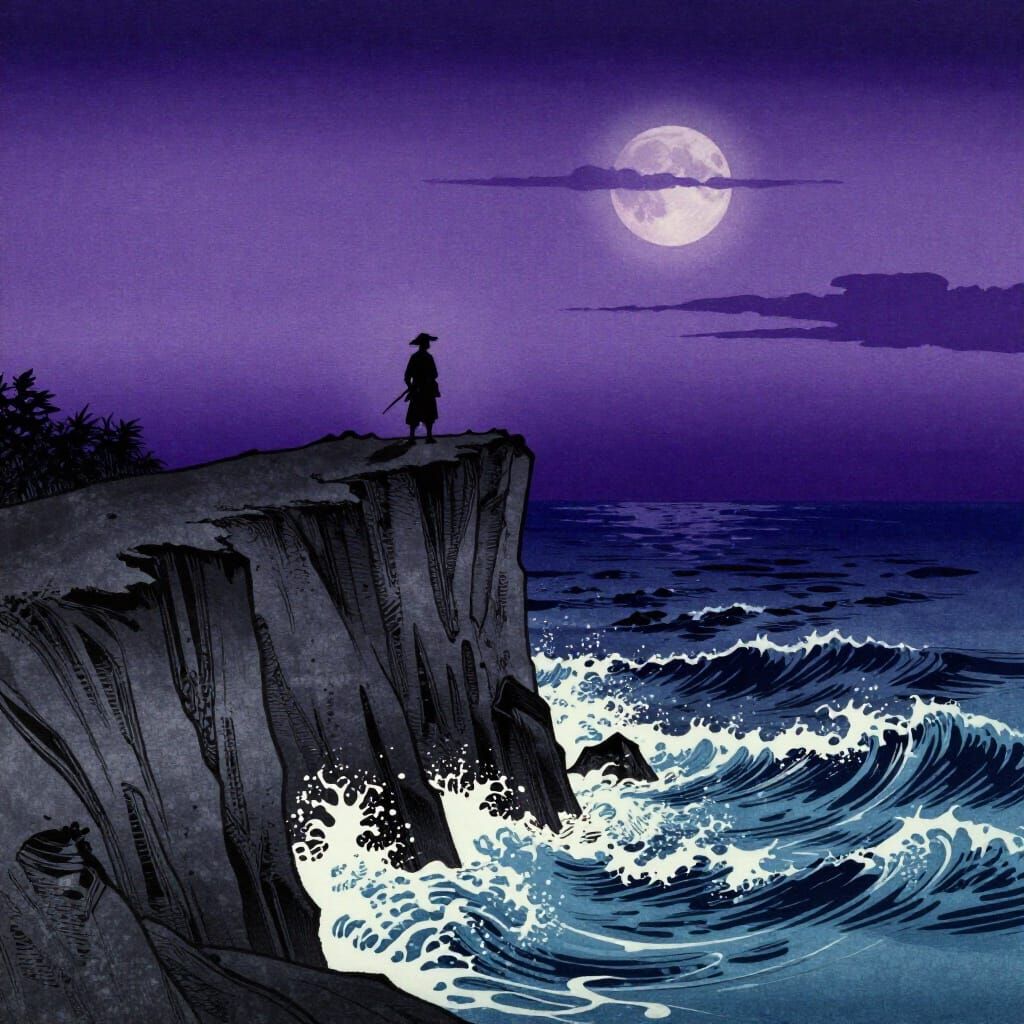 Samurai Warrior on Stormy Cliff in Ukiyo-e Style