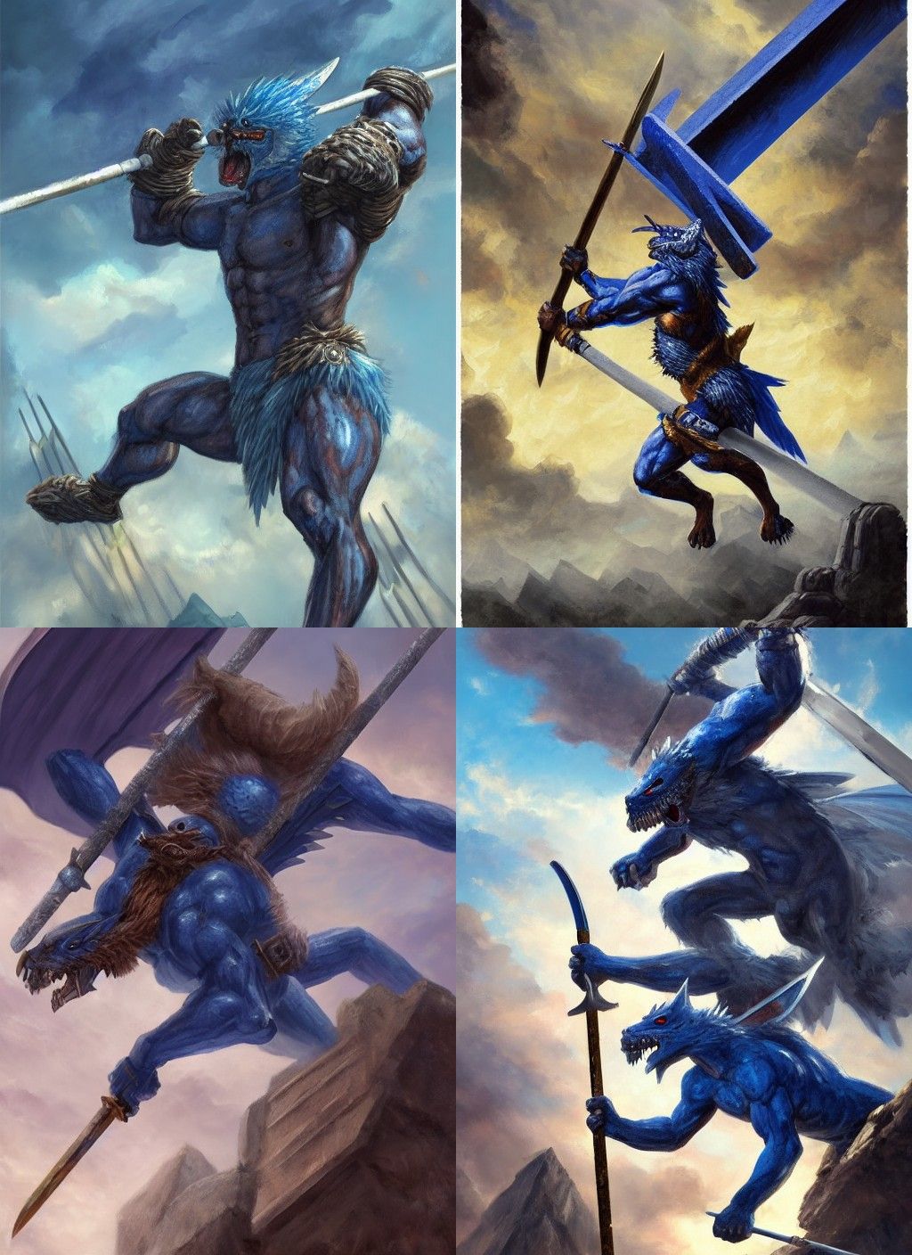 Great and Fearsome Winged Blue Kobold Barbarian, Pole Vaulting With a Halberd and Becoming Titanic Midair. Toppling Colo...