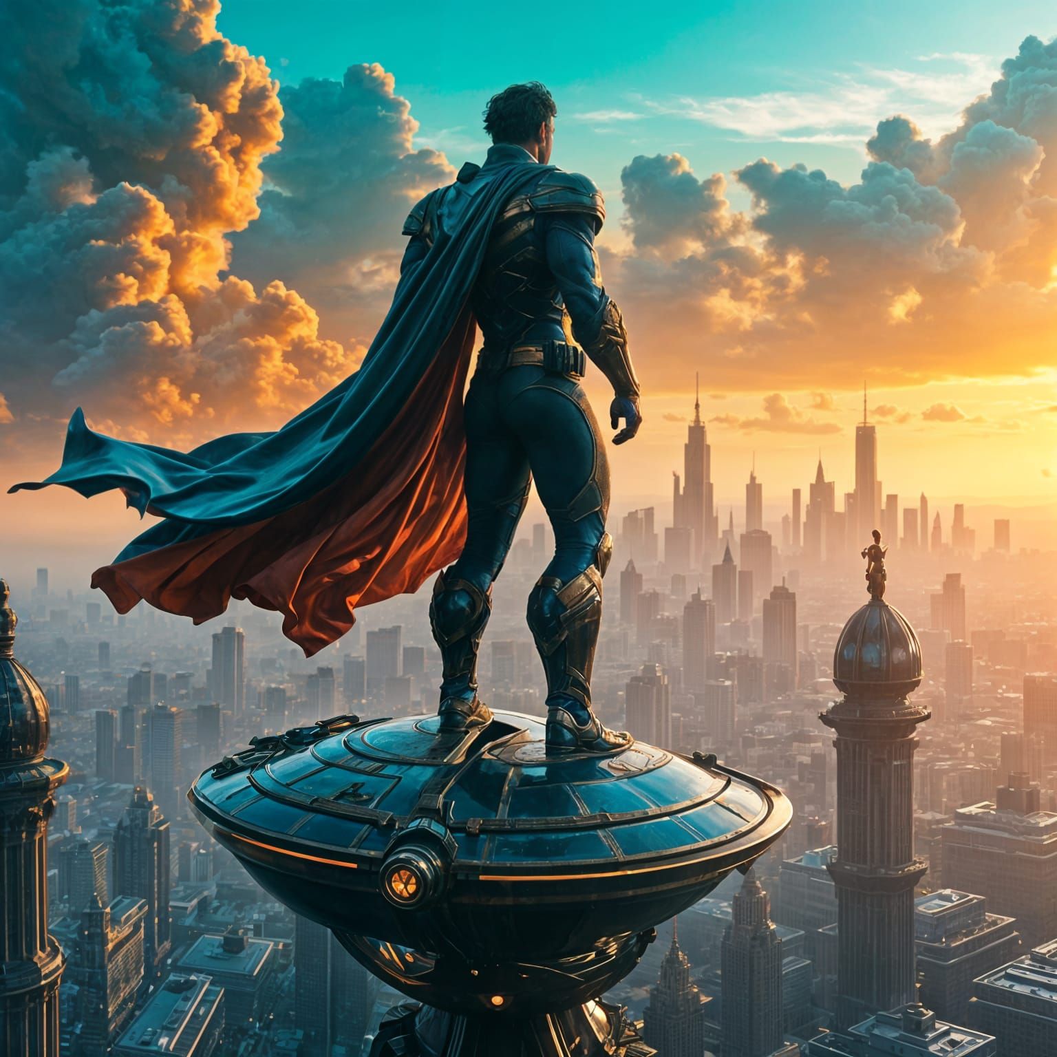 Superhero Overlooking City at Dusk in Rococo-wave Style