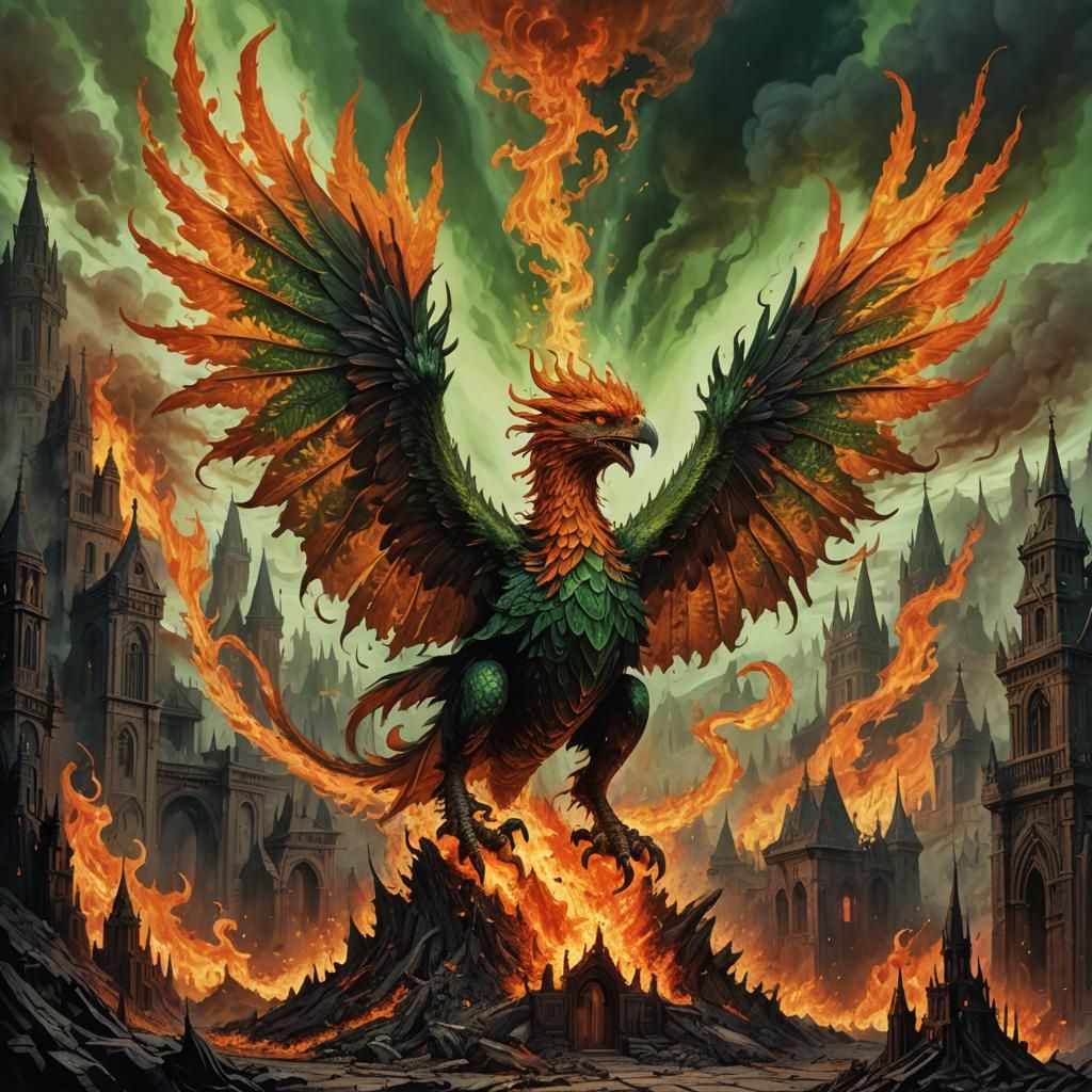Phoenix-Griffin Hybrid Engulfed in Hellfire, Gothic Art
