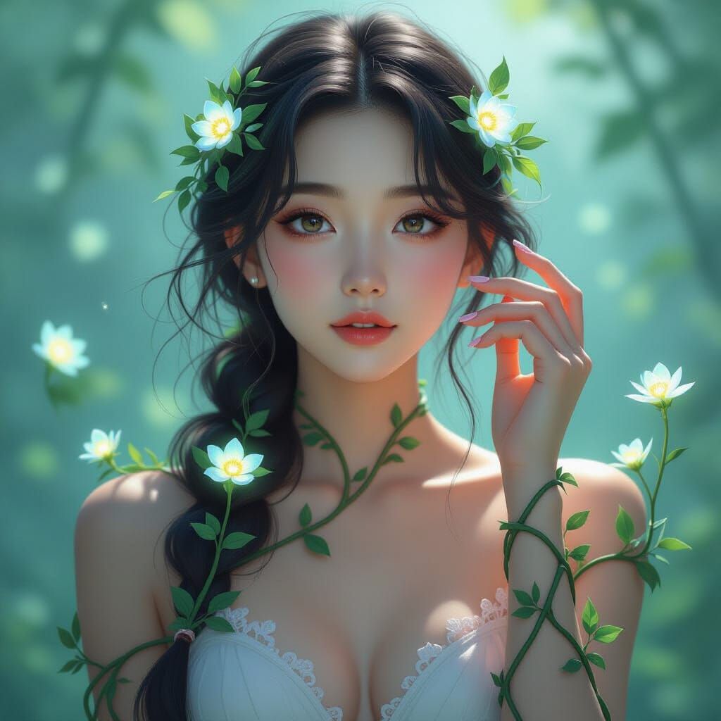Botanist Girl With Vine Arm and Bioluminescent Flowers