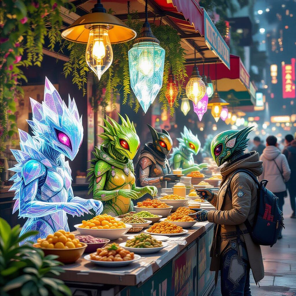 Intergalactic Street Food Market with Alien Cuisine