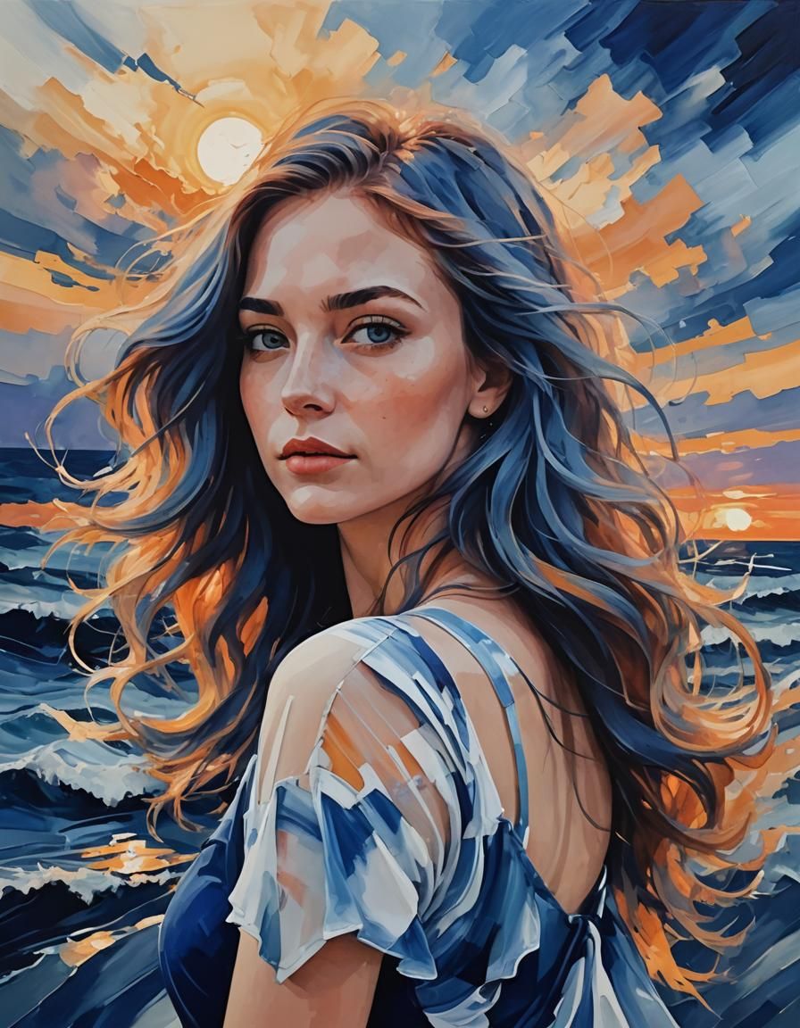 Girl with Blue Hair in Abstract Sunset