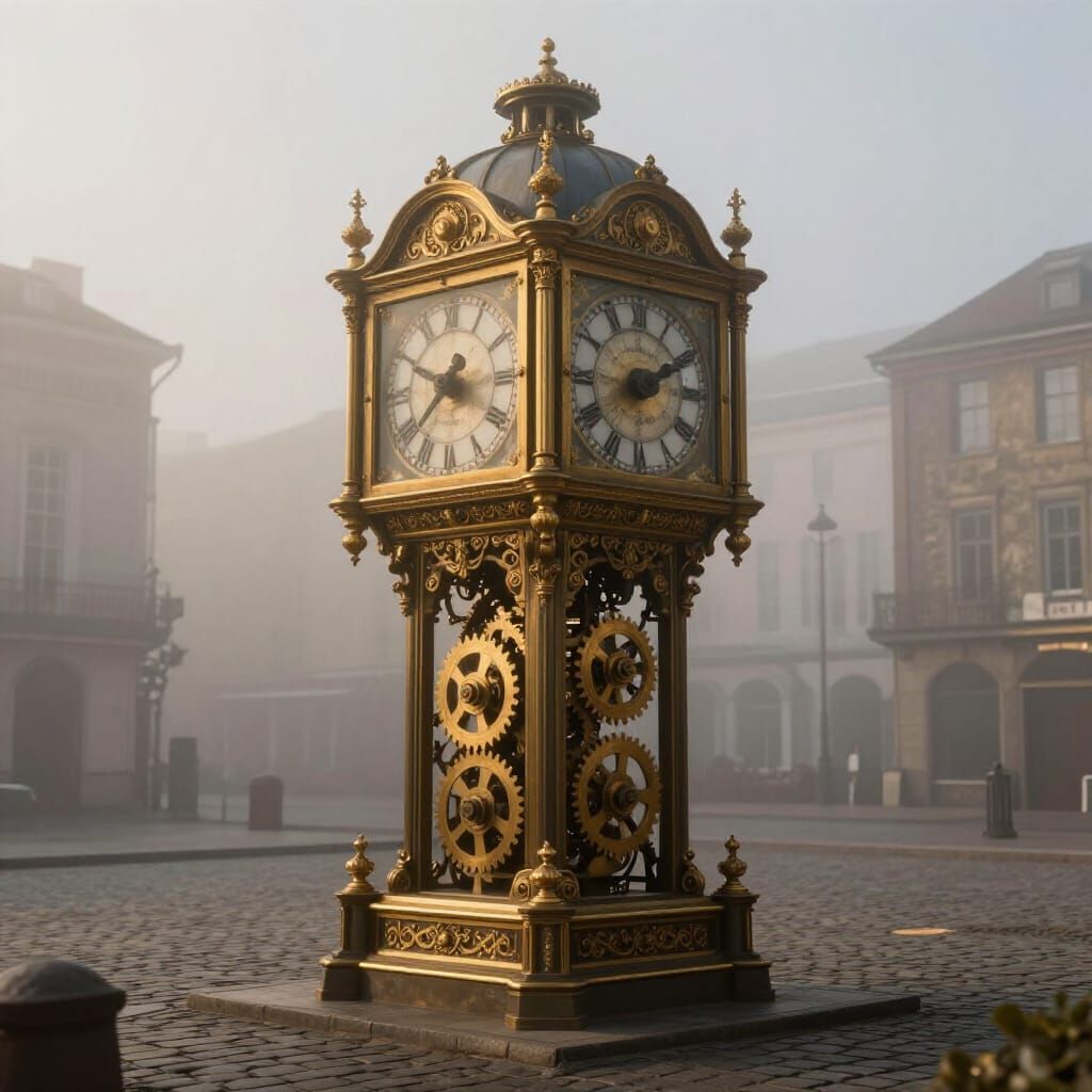 Steampunk Clock Tower in Foggy City Square