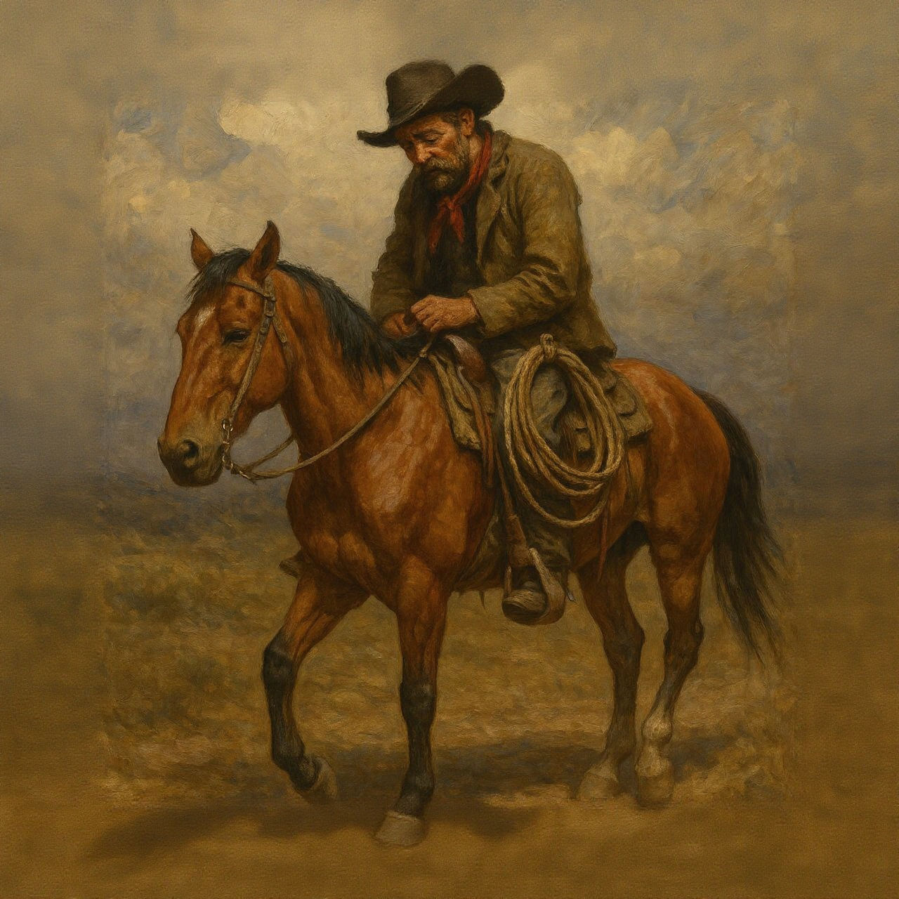 Tired Cowboy on Horseback: An Oil Painting Masterpiece