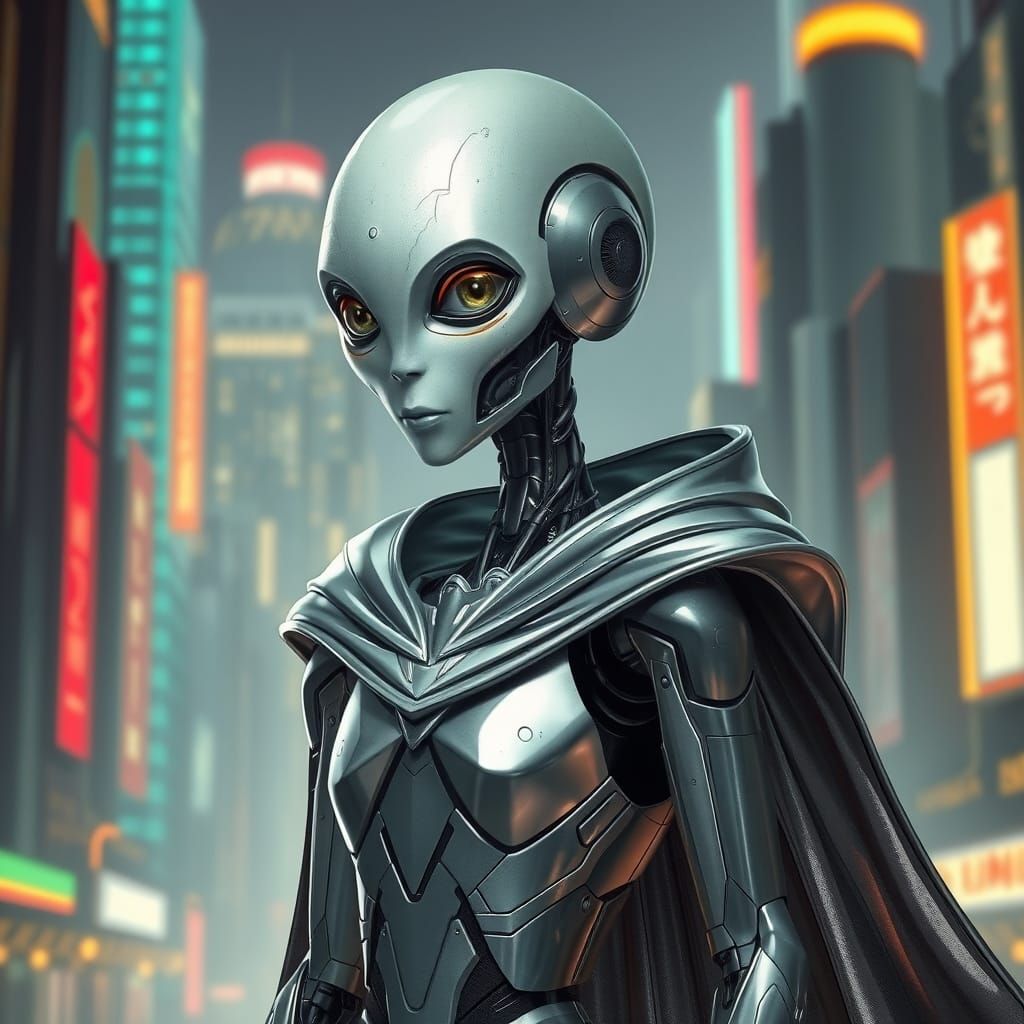 Futuristic Robot Stands Tall in Neon Cityscape