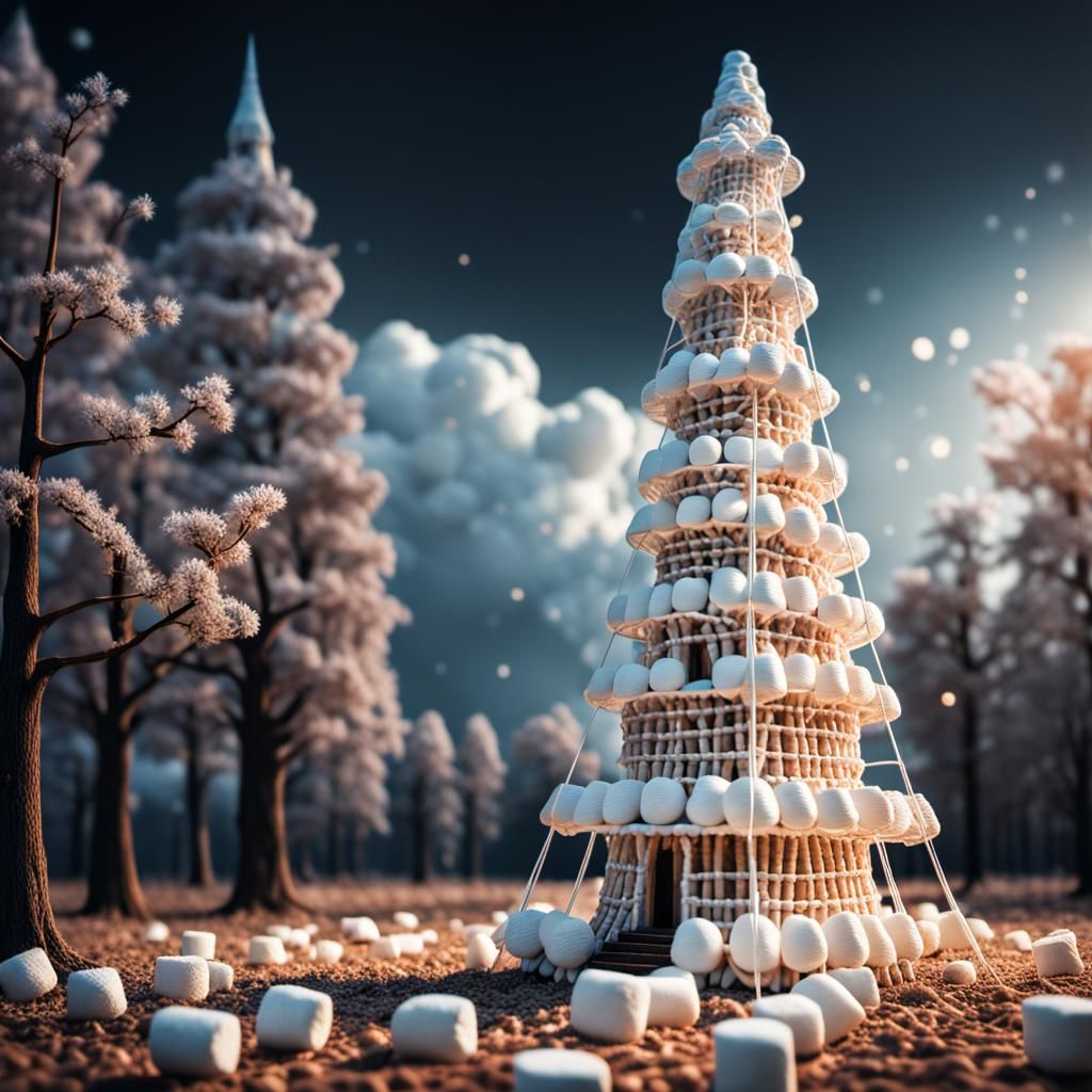 Hyperrealistic Marshmallow Tower in Sharp Focus