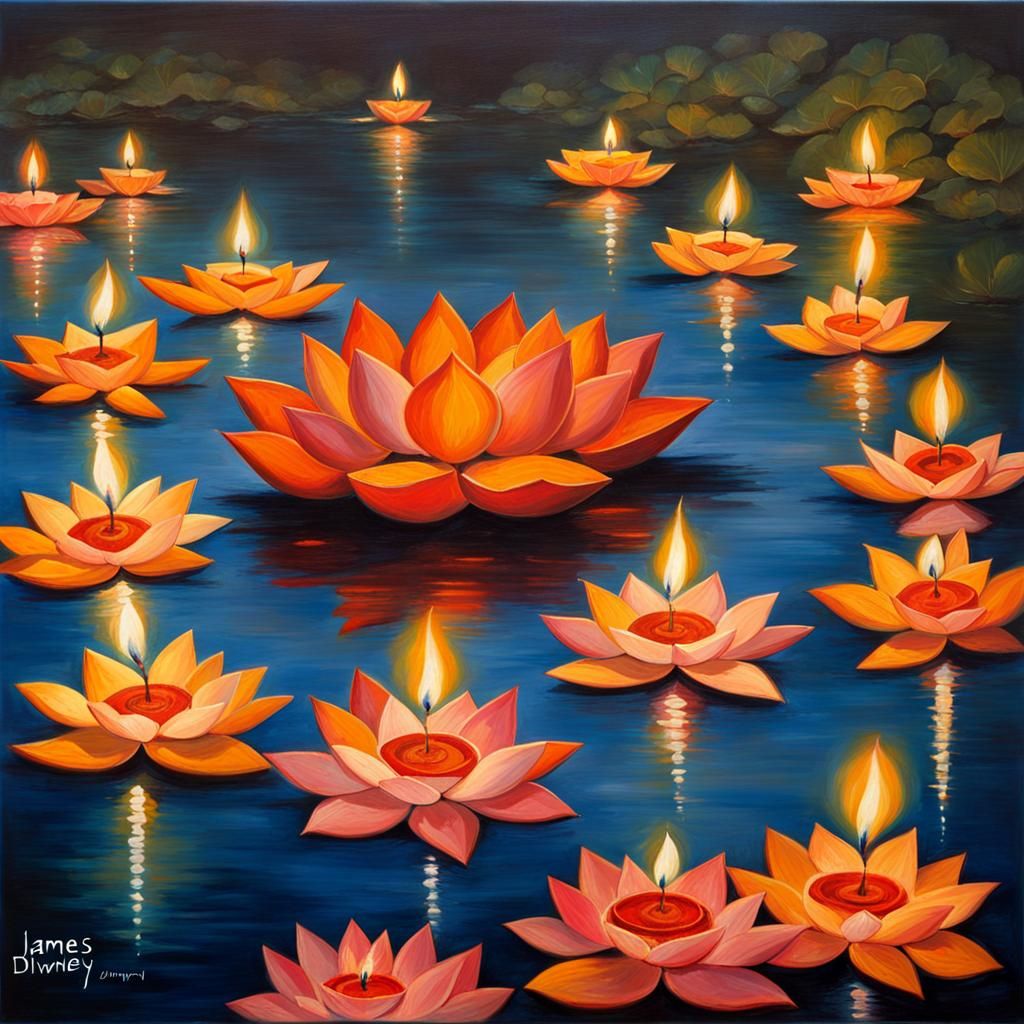 Diwali Celebration with Diyas and Lotus Flowers