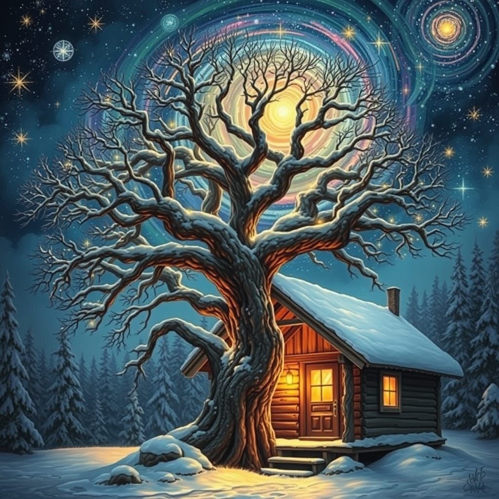 Tree Grows From Cabin to Galaxy: Americana Painting
