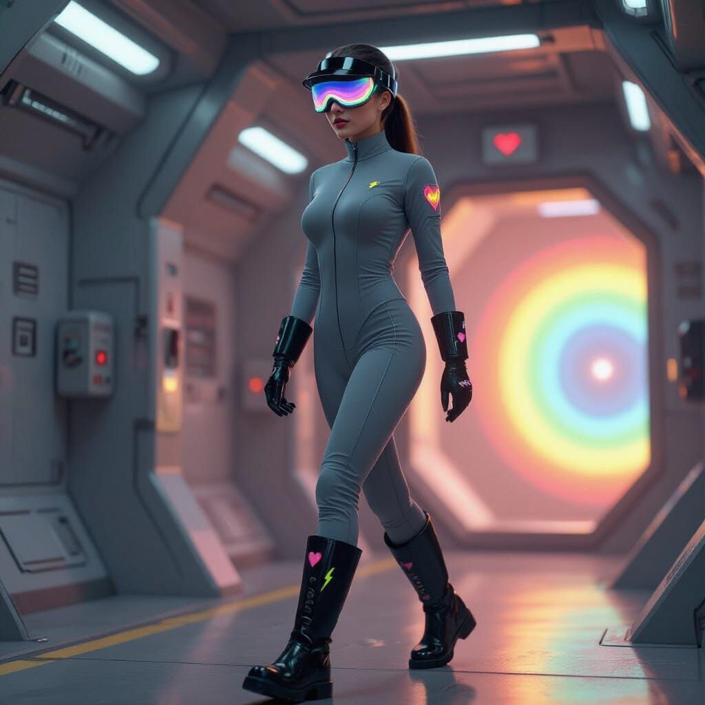 Futuristic Guard in Spandex Suit with Neon Lighting