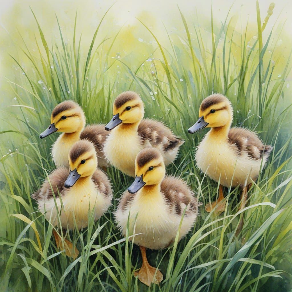 Charming Watercolor Ducklings in Vibrant Grasses