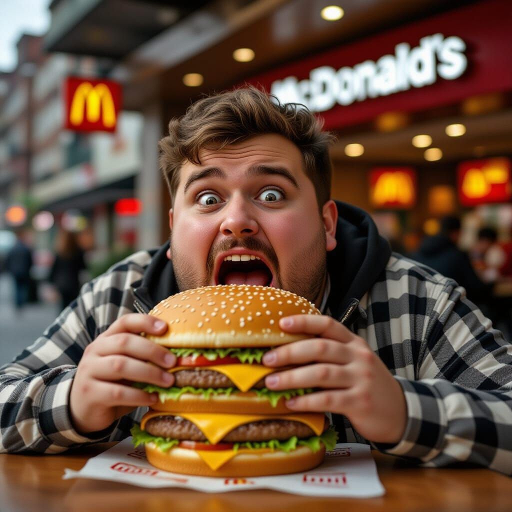 Greedy Man Eats Big Mac at McDonald's