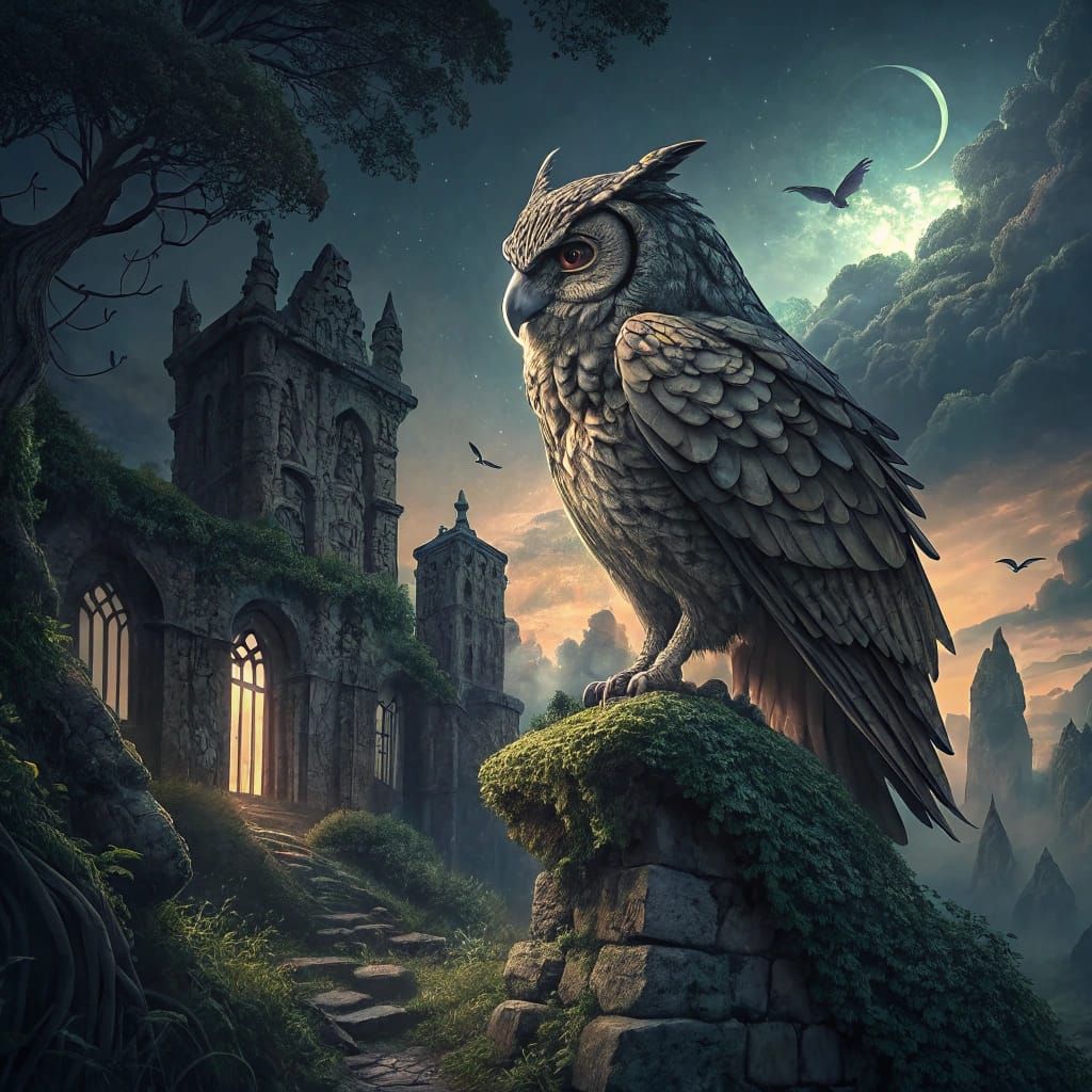 Gargoyle Owl on Ancient Ruin in Twilight