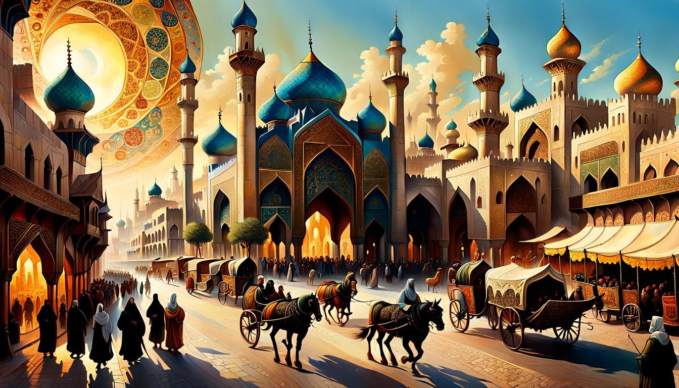 Bustling Medieval Persian Fantasy City in Oil