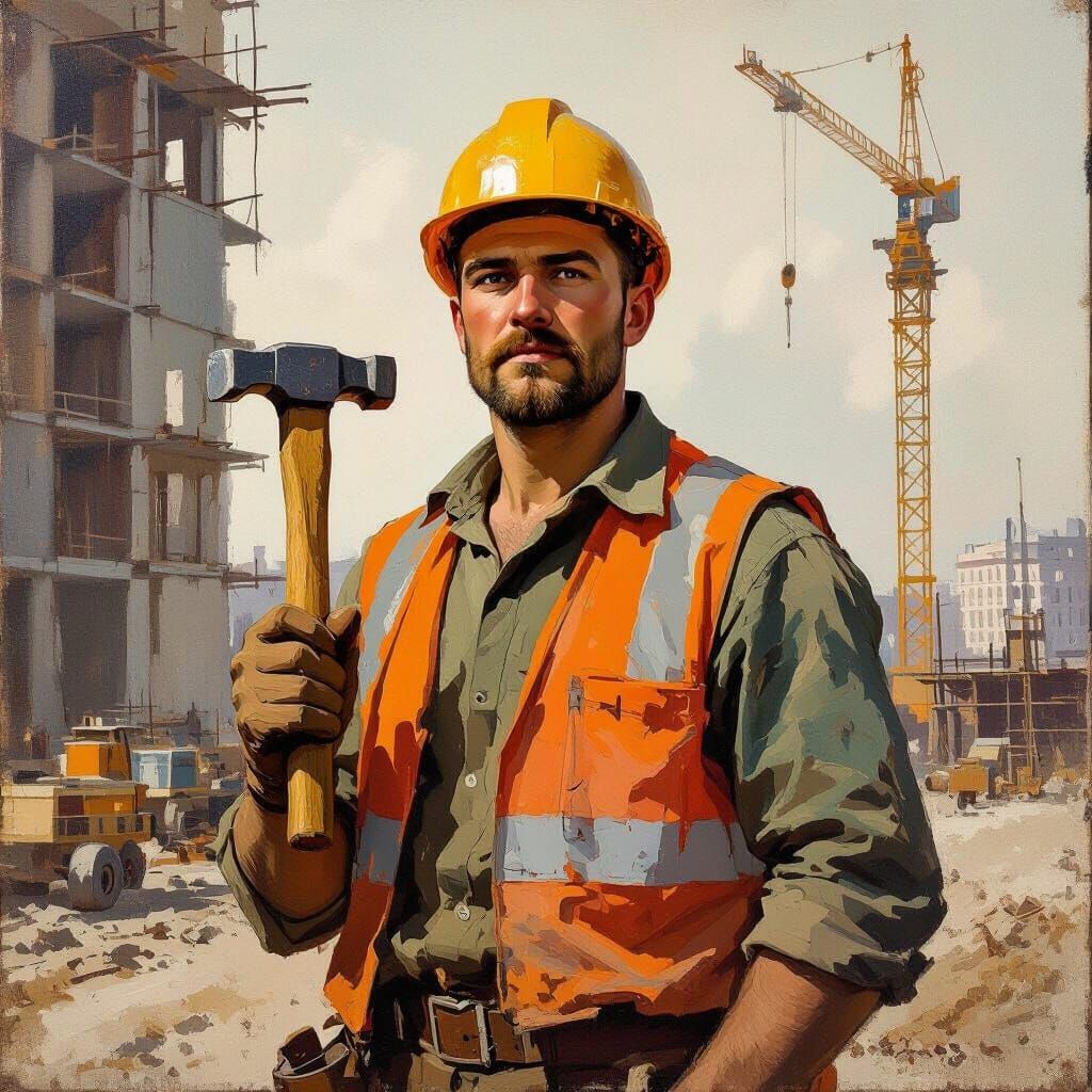 Construction Worker in Soviet Realism Style