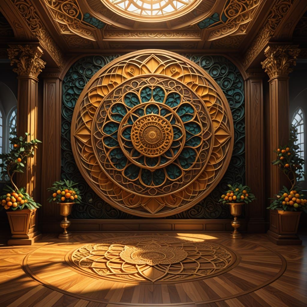 Surreal Ballroom with Fruit Altar in Golden Light