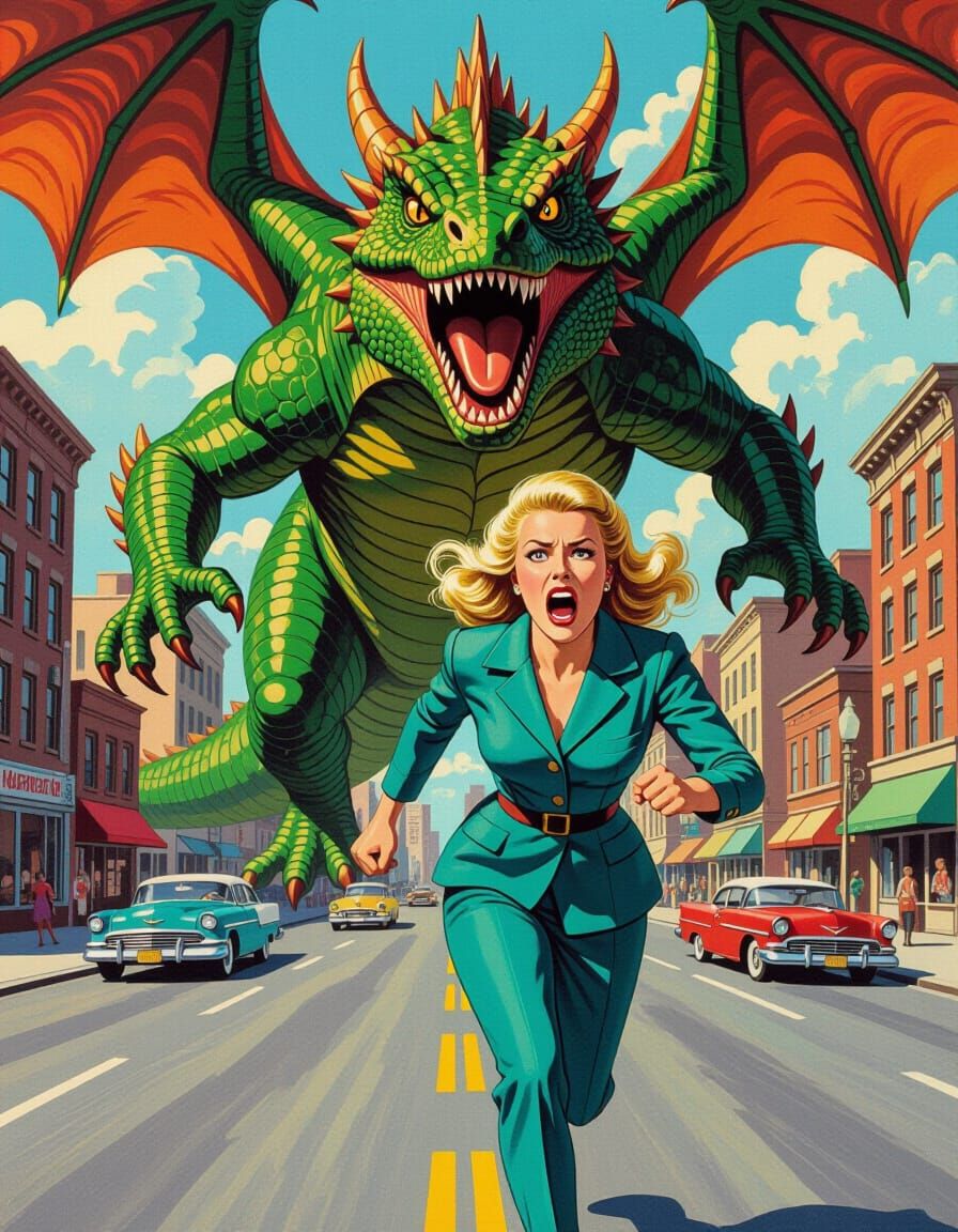 Woman Fleeing Dragon in Retro Pop Art Style