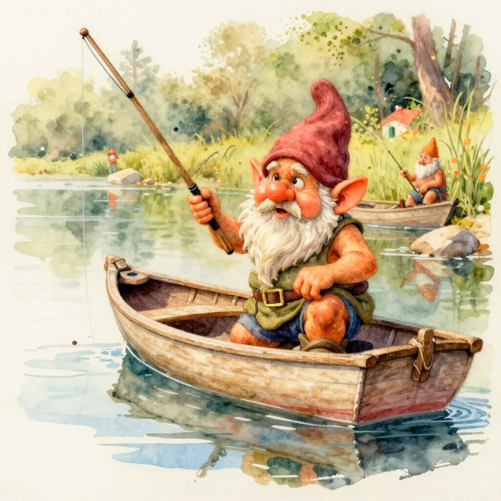 Tiny Gnome Fishing in a Watercolour Boat