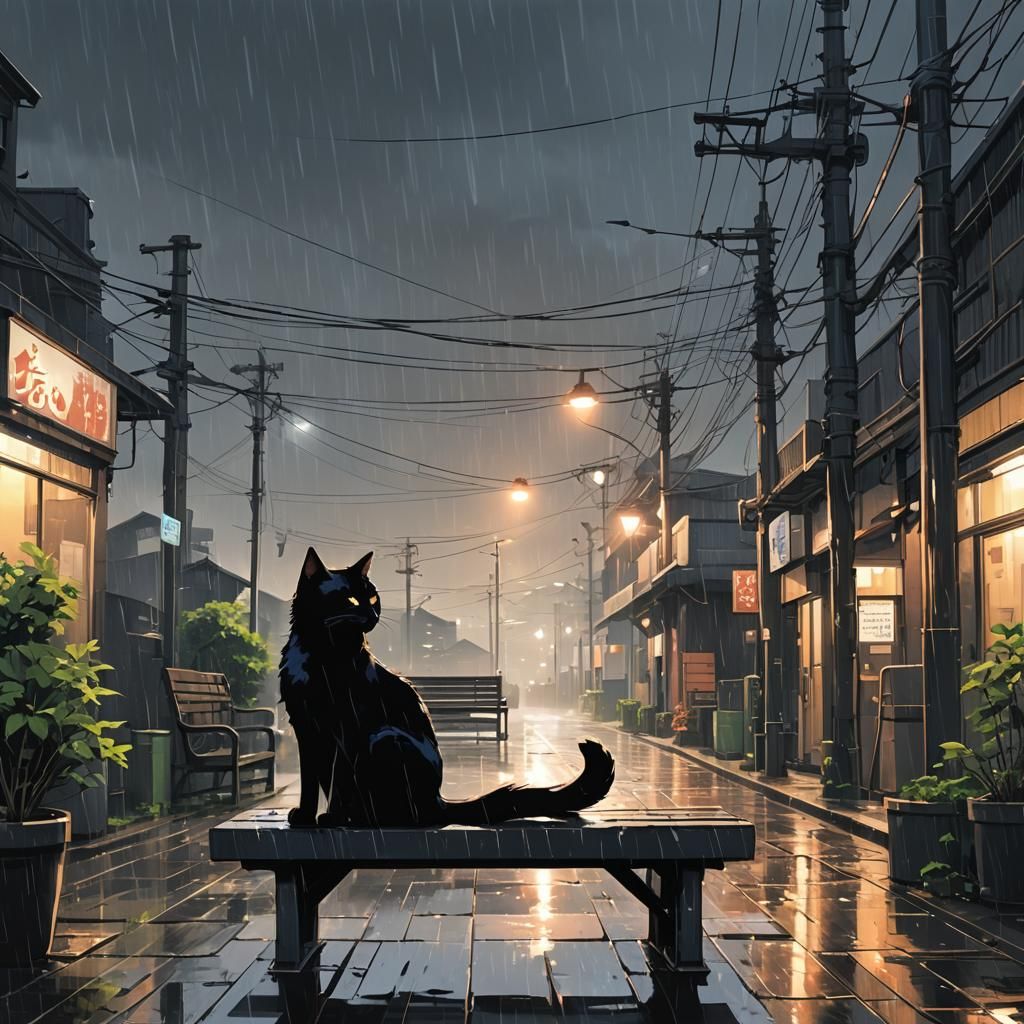 Rainy Solitude: Black Cat in Anime Style