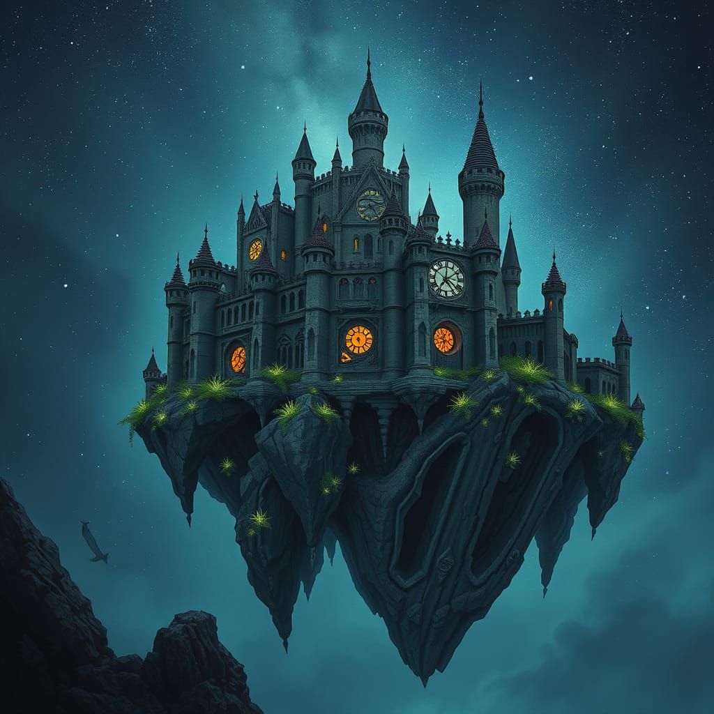 Decaying Castle on Floating Island Amidst Stars