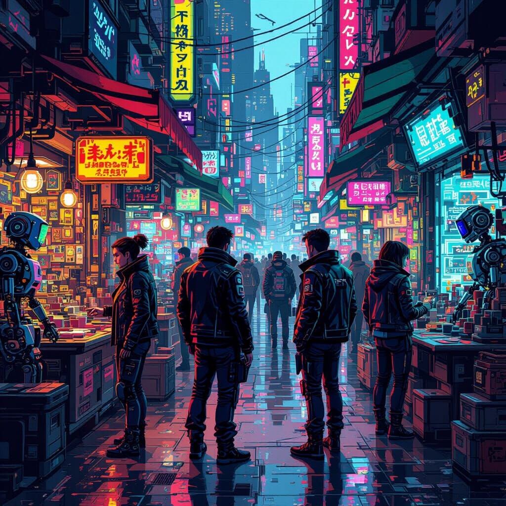 Crowded Cyberpunk Market in Pixel Art Style