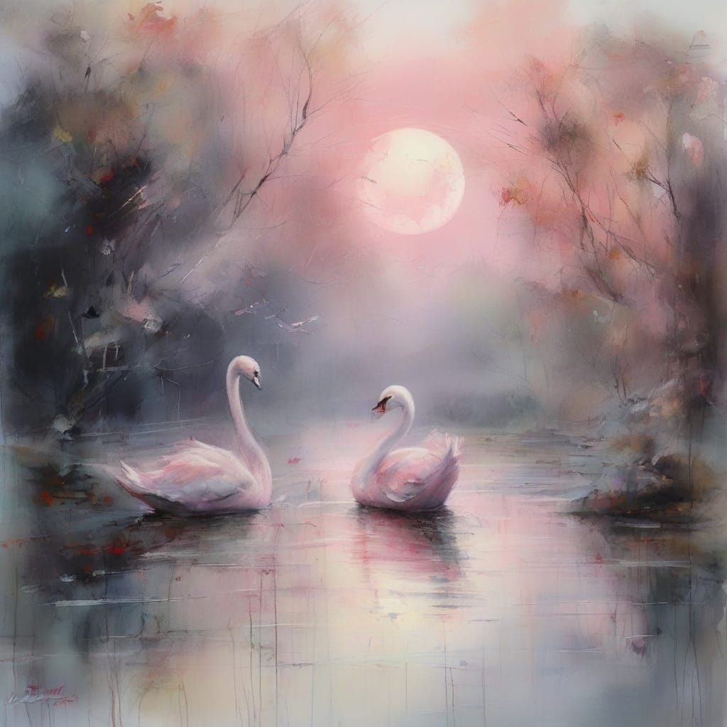 Whimsical Watercolour of Serene Mountain Lake Under Full Pin...