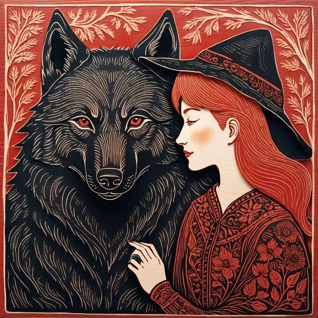 Woodcut Illustration: Witch and Wolf in Friendship