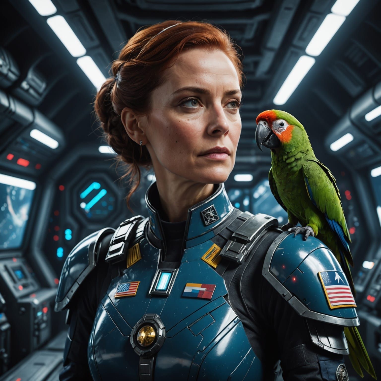 Space Admiral and Parrot in Cinematic Lighting