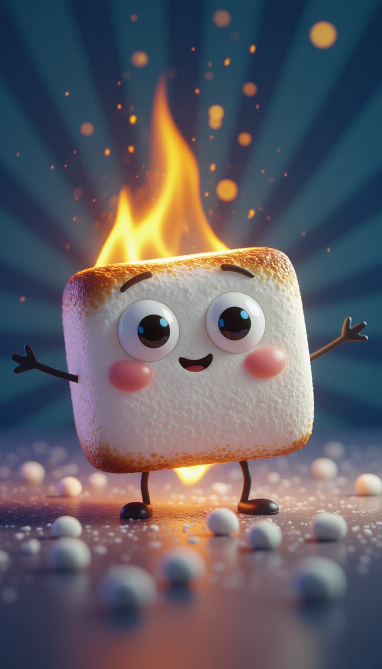 Cute Marshmallow Character on Fire in 3D Style