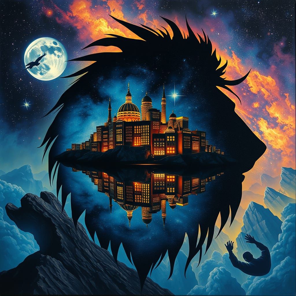 Surrealist Oil Painting of City in Lion Silhouette