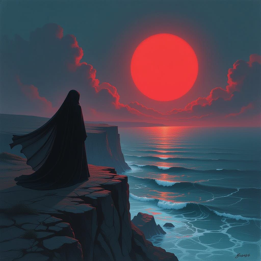 Twilight Landscape with Cloaked Figure and Eclipsed Sun