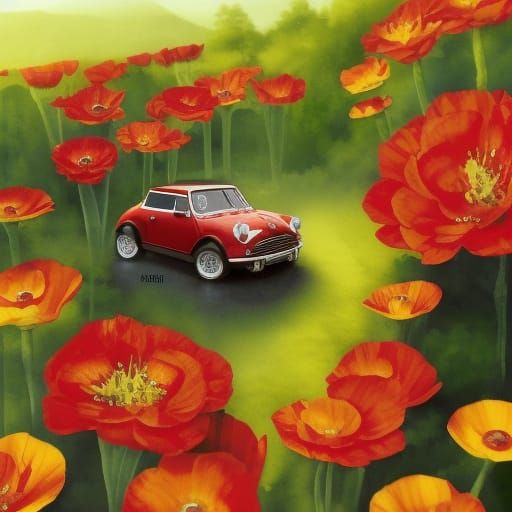 A red mini Cooper driving on the narrow street, fine buildings, cosy architecture landscape, rome, italy detailed matte ...