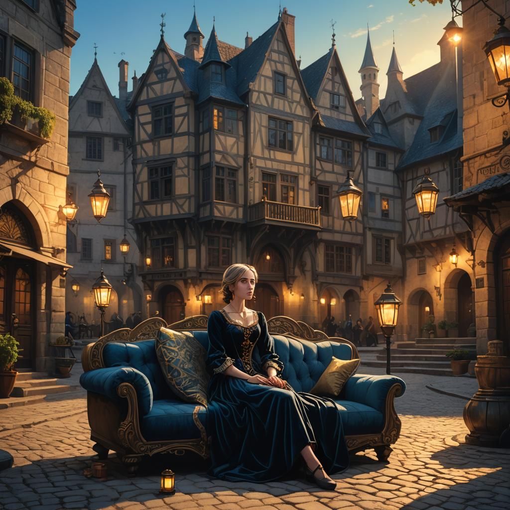 Victorian Woman in Medieval Village, Fantasy Art