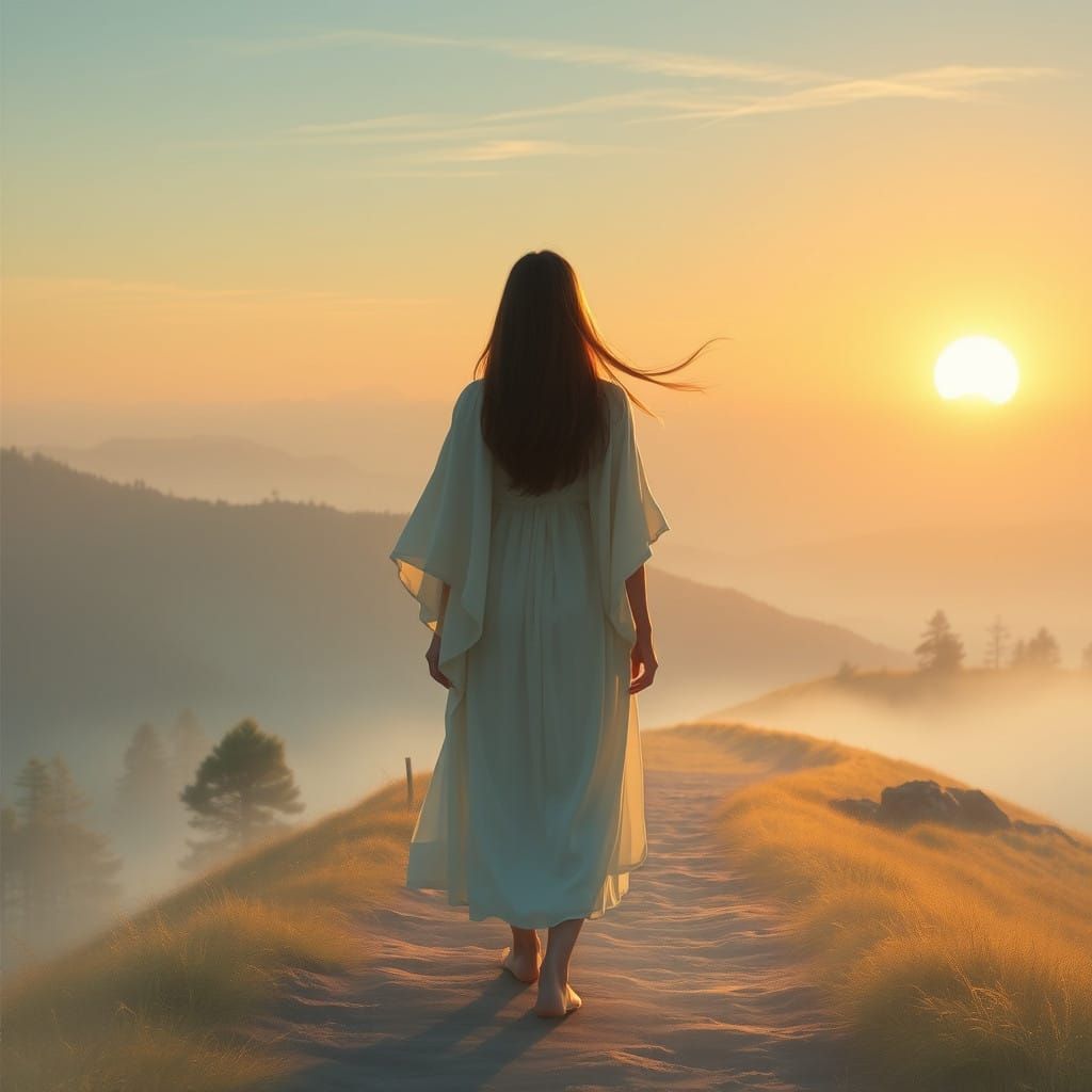 Serene Mountain Woman Embracing Sunrise Hope
