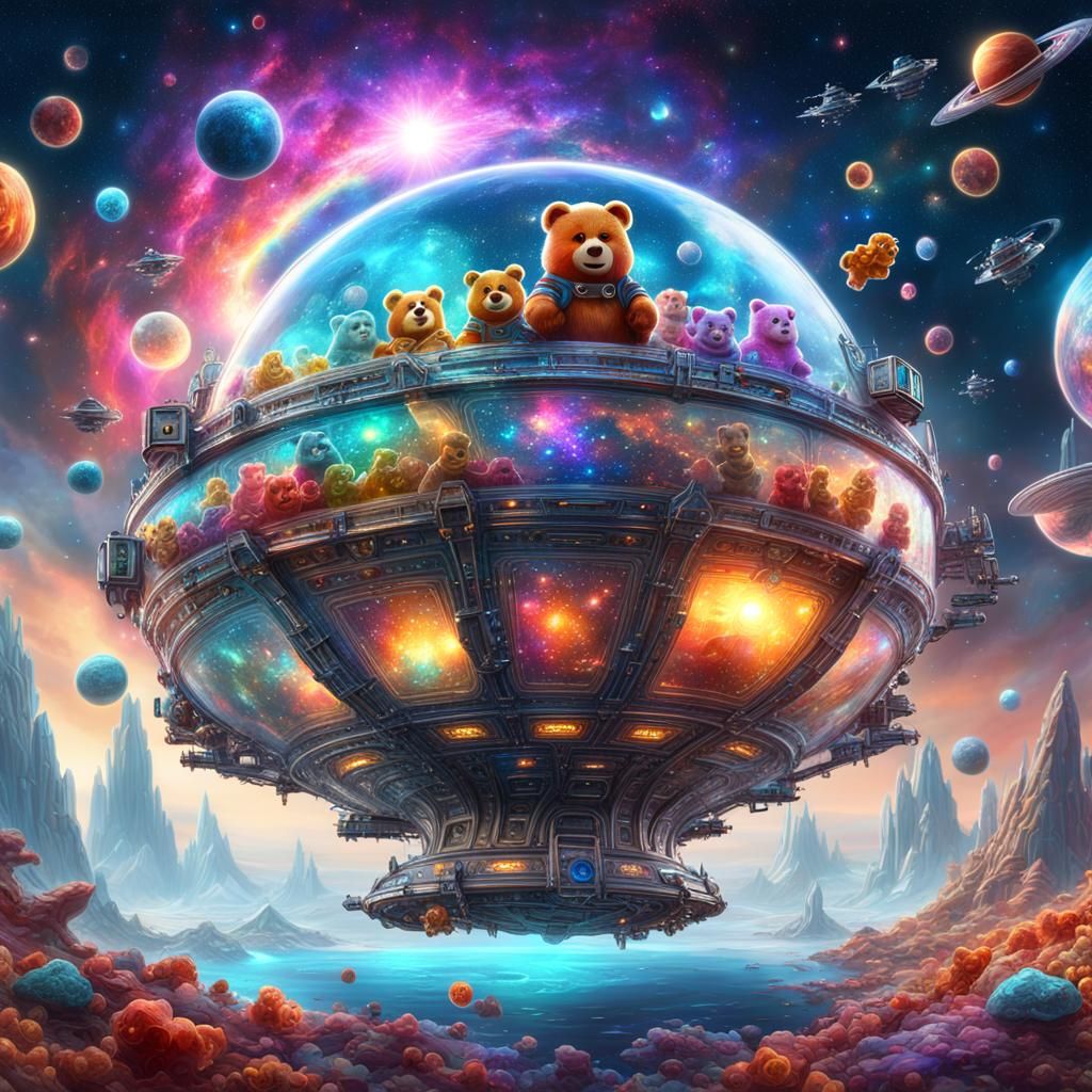 Gummy Bear Astronauts in Glass Spaceship: Digital Illustrati...