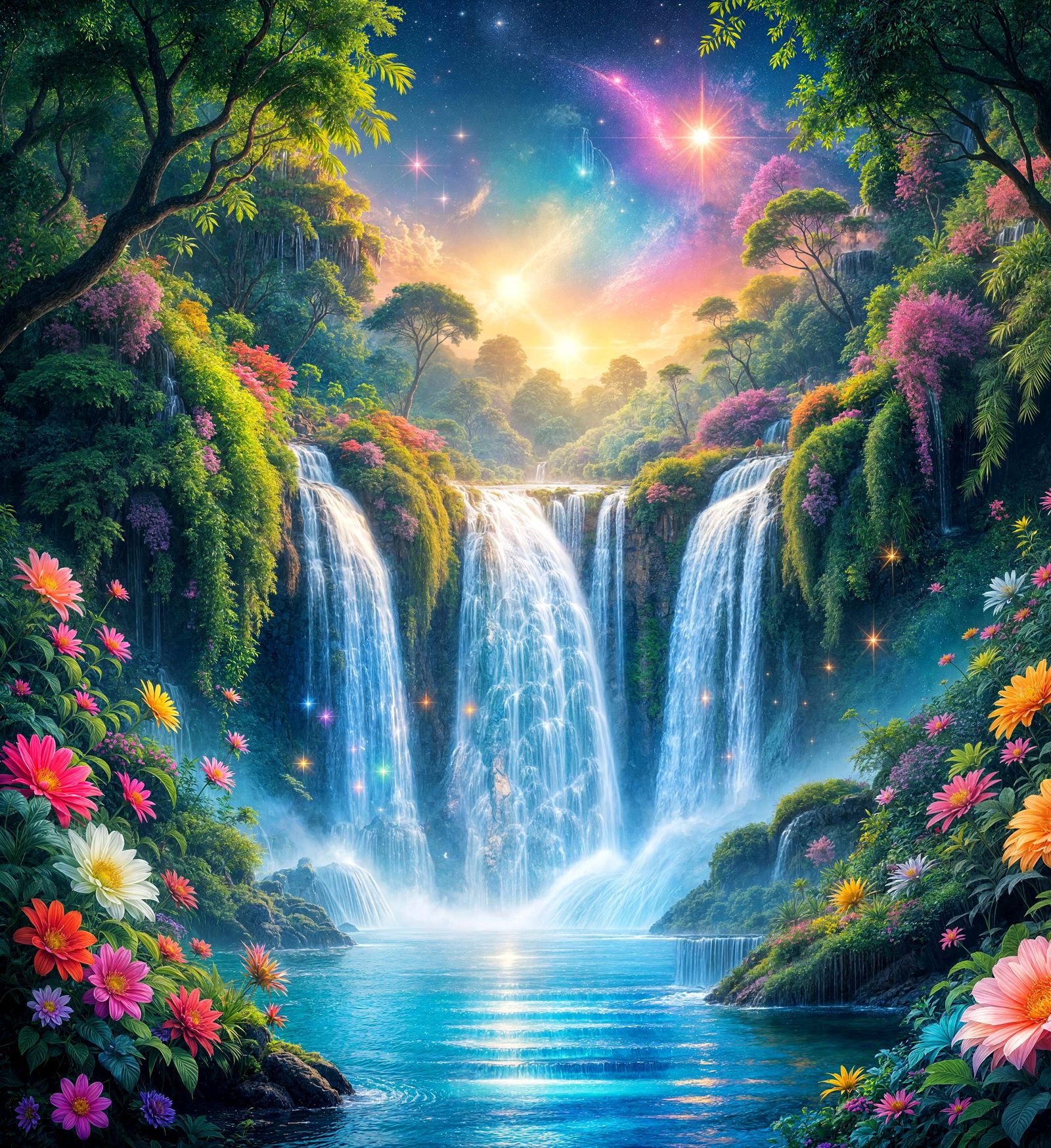 Cosmic Waterfall Transforms into Enchanted Garden in Vibrant...