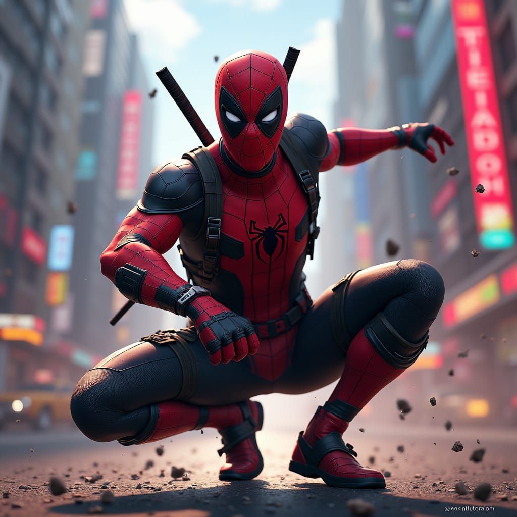 Spider-Man as Deadpool: Heroic Avenger in Vibrant Cityscape