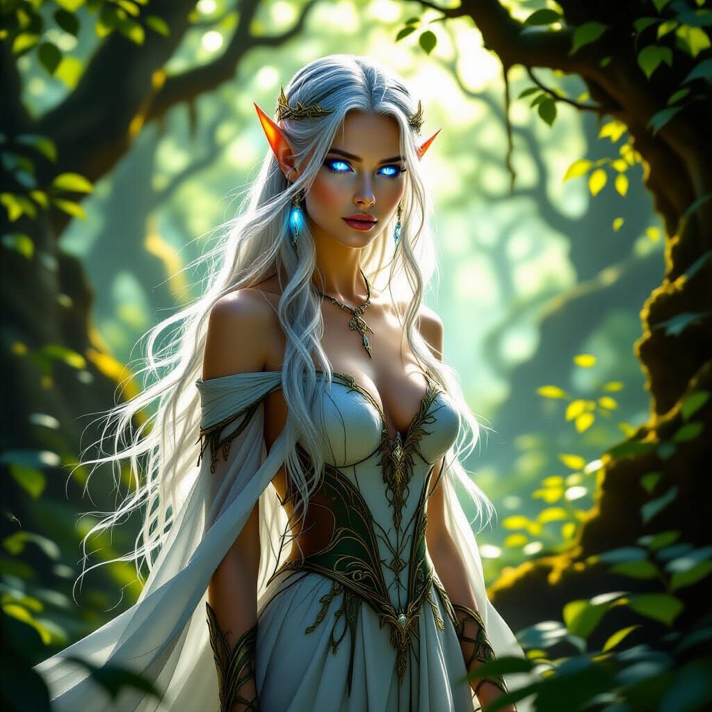 Ethereal Elven Woman in Ancient Forest Digital Painting