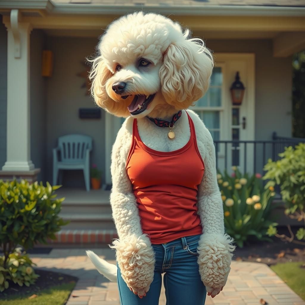 Anthropomorphic Poodle in Suburban Home, Oil Painting