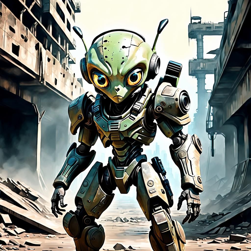 Alien Soldier in Ruined Sci-Fi Landscape