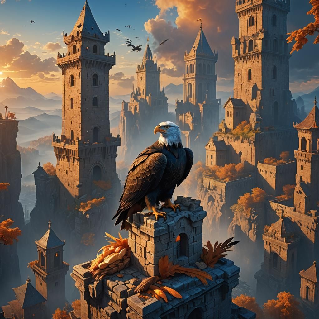 Eagle on Ancient Tower: Golden Hour Digital Painting