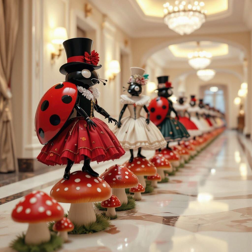 Ladybugs' Mushroom Dance in Luxurious Hallway